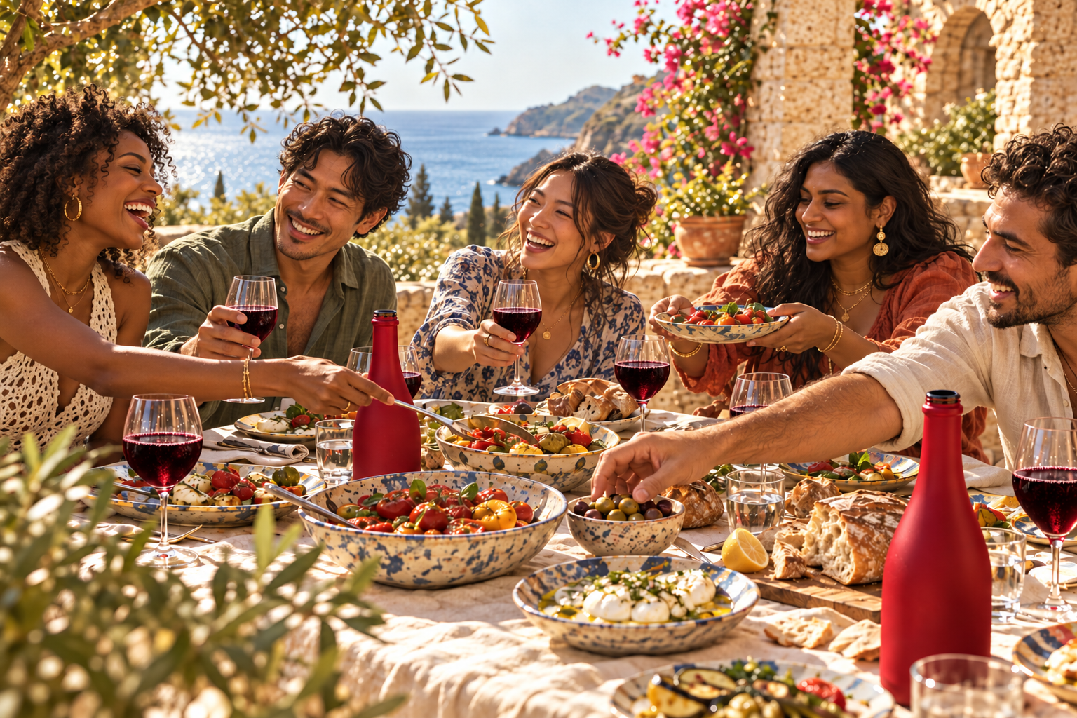 A shared coastal lunch with open red bottles