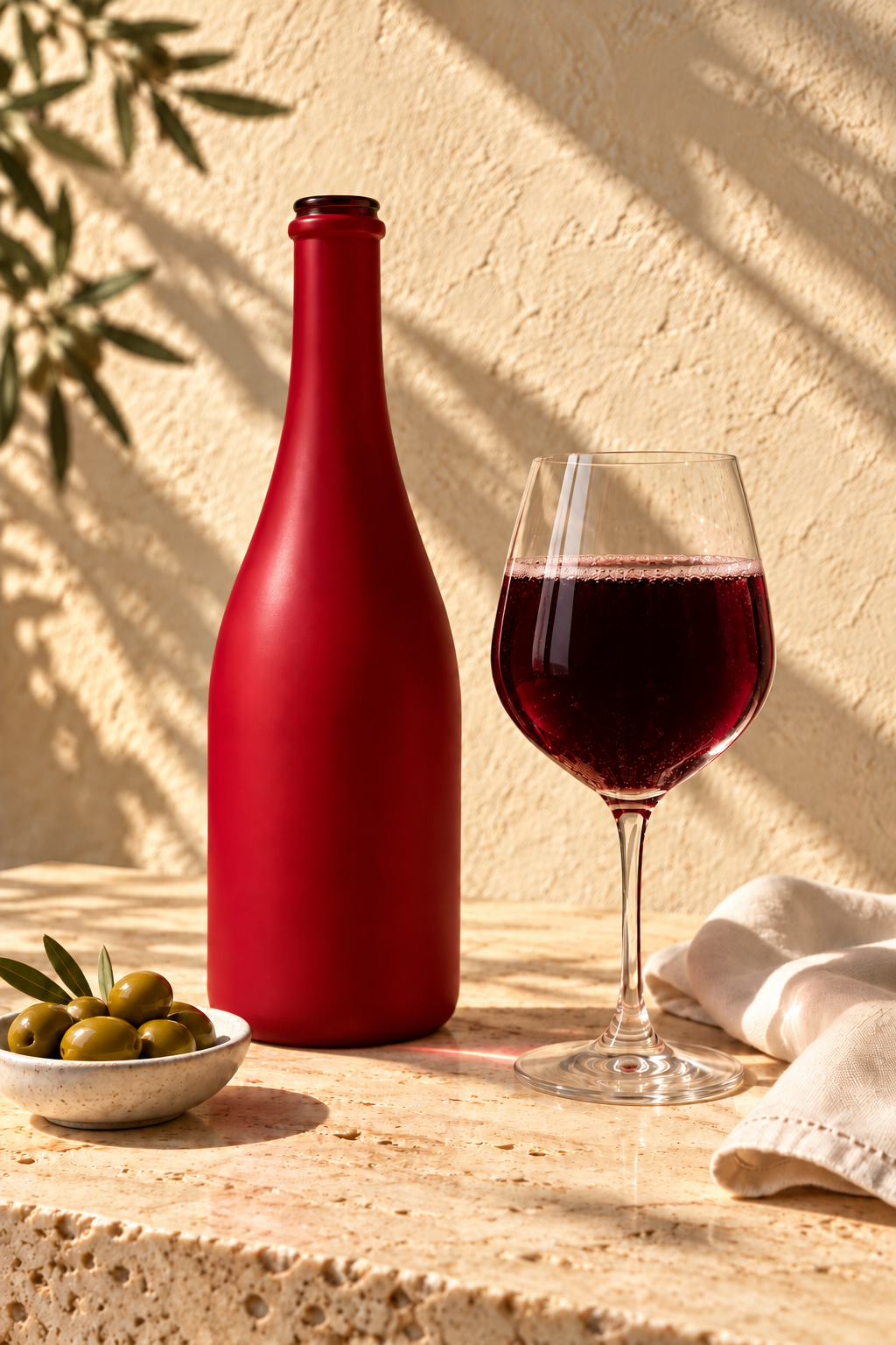 The full open matte red bottle and dark sparkling wine