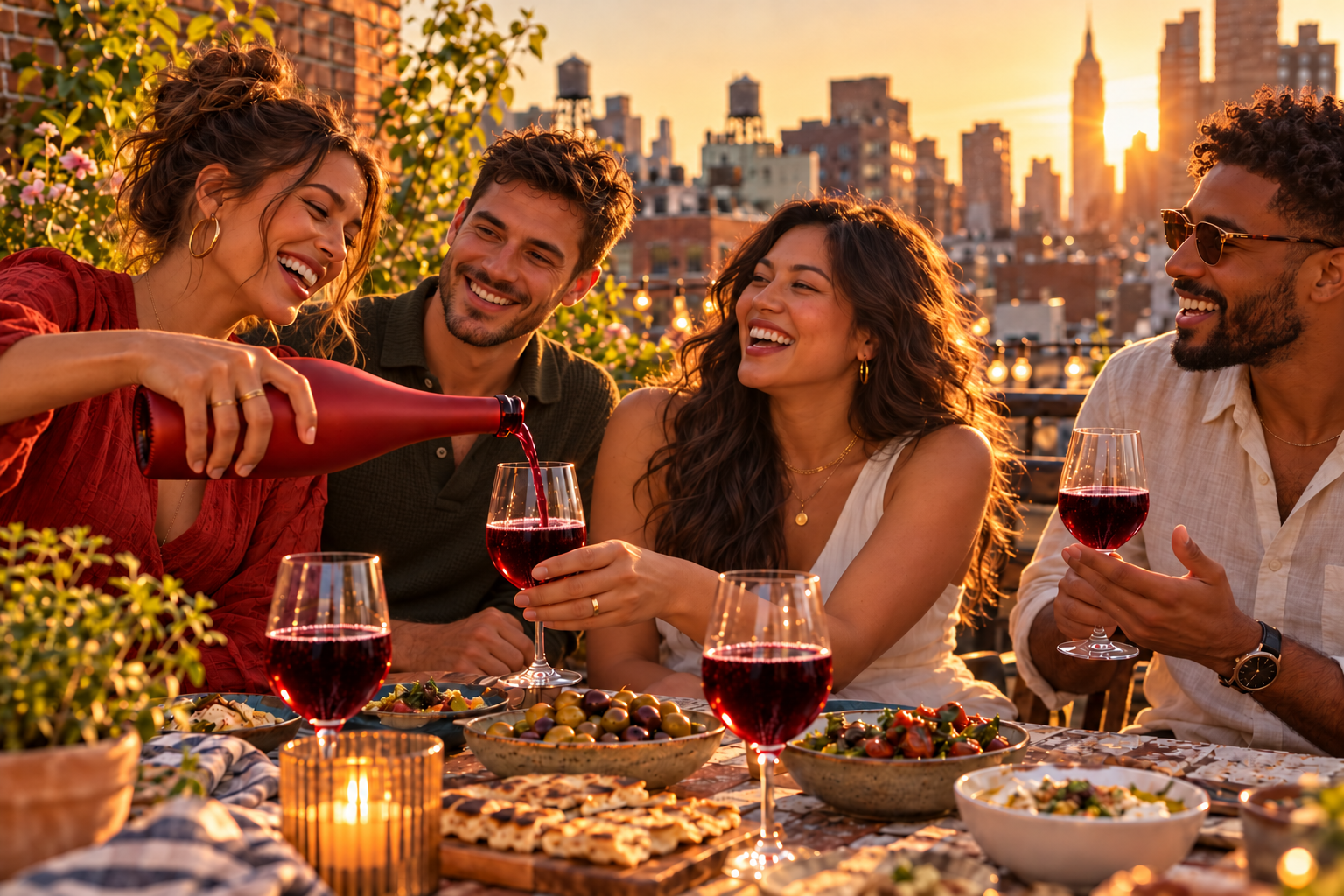 Friends sharing deep red sparkling wine on a city rooftop